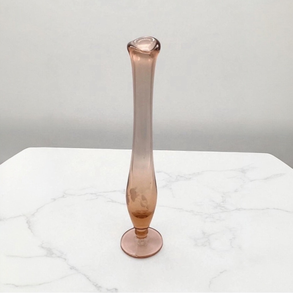 Pink Depression Glass Bud Vase Etched Floral Stretched Pedestal Art Vtg 9.5"